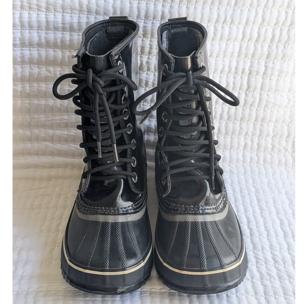 Sorel Dahlia Waterproof Patent Leather Mid Calf‎ Lace Up Snow Boots Black US 9